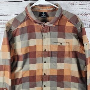KUHL Pixelatr Flannel Shirt Large Regular Brown Orange Plaid Outdoor 7336